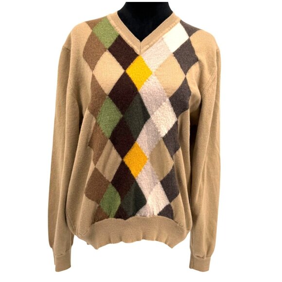 Marco Fiori‎ Wool Argyle Sweater Mens XL Beige Green Italy Dark Academia Preppy - Picture 1 of 5